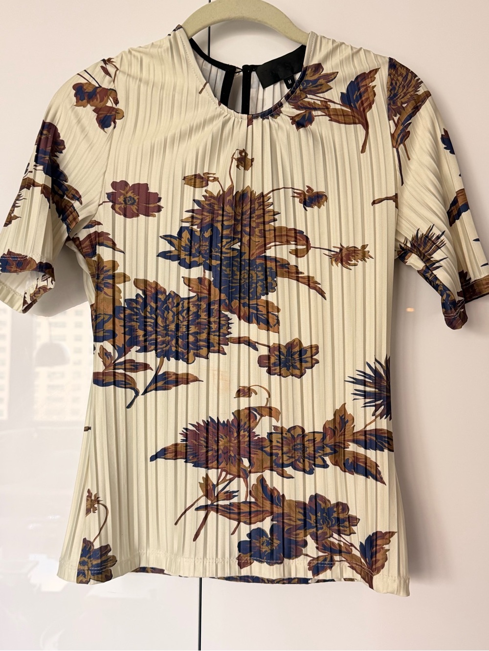 No. 6 Cream Pleated Short-Sleeve Top with Blue and Brown Floral Print